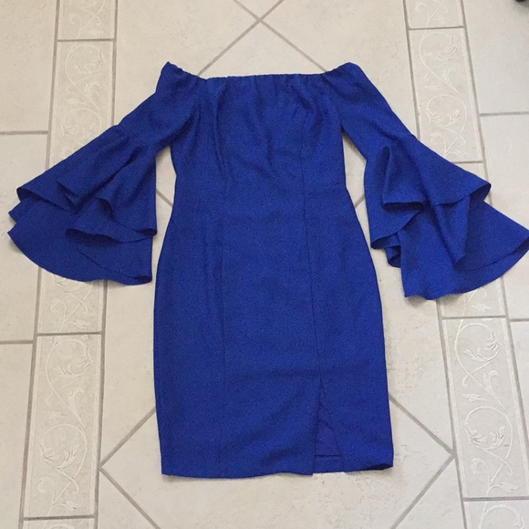 Venus Blue Ruffle Off-The-Shoulder Bodycon Dress - Picture 2 of 5